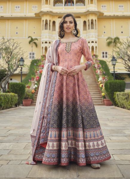 Light Coral Silk Bandhani Printed Party-Wear Readymade Gown With Dupatta