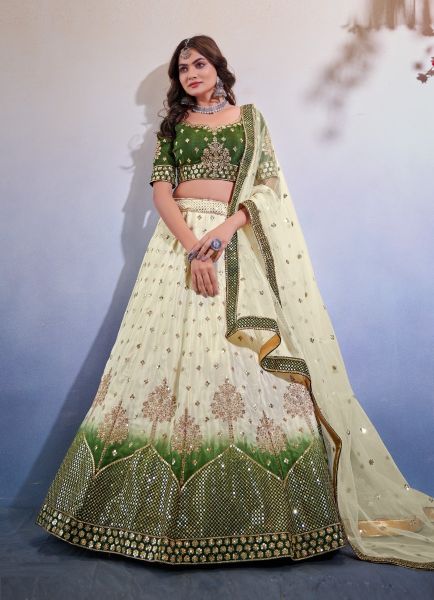 Bone White & Green Chinon Sequins-Work Party-Wear Lehenga Choli [With Can-Can]