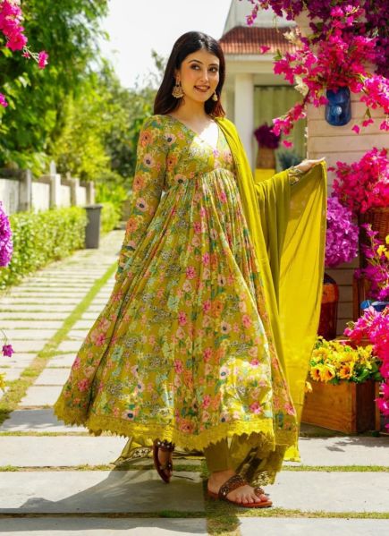 Lemon Green Muslin Silk Digitally Printed Party-Wear Anarkali Readymade Salwar Kameez
