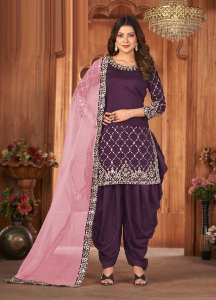 Purple Art Silk  Zarkan-Work Party-Wear Patiala Salwar Kameez