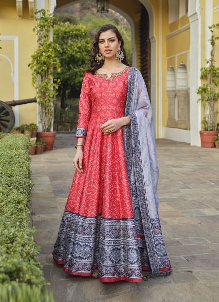 Light Red Silk Bandhani Printed Party-Wear Readymade Gown With Dupatta