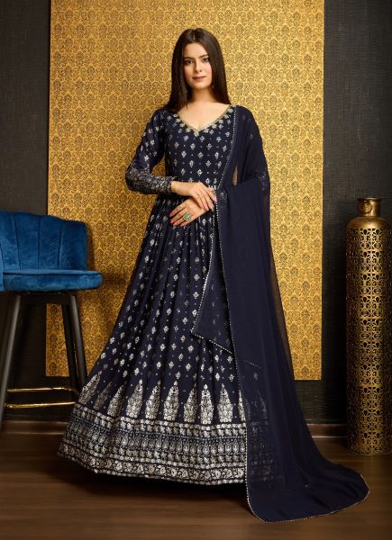 Navy Blue Georgette Foil-Work Party-Wear Readymade Gown With Dupatta [With Belt]