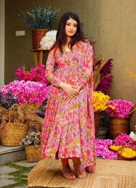 Pink Muslin Silk Digitally Printed Party-Wear Anarkali Readymade Salwar Kameez