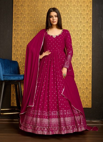 Magenta Georgette Foil-Work Party-Wear Readymade Gown With Dupatta [With Belt]