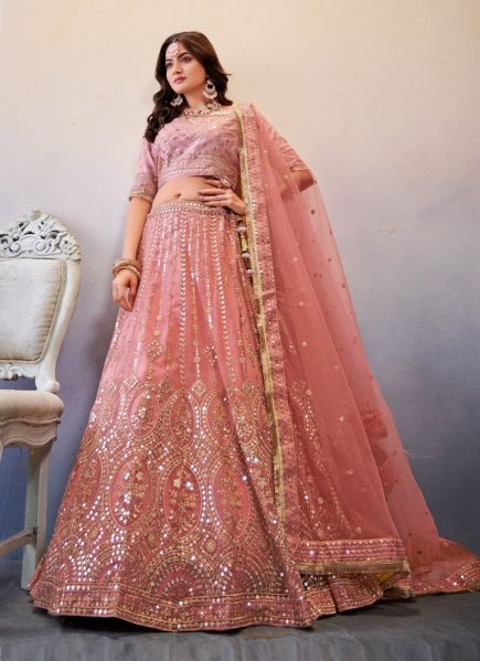 Pink Net Embroidery & Gotta-Patti Work Party-Wear Lehenga Choli [With Can-Can]