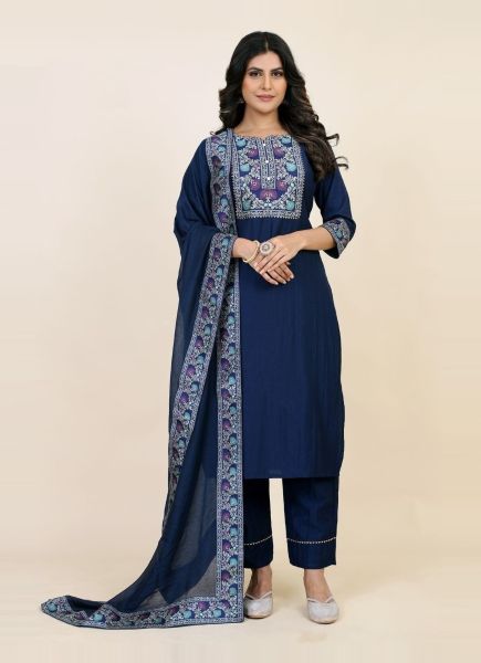 Blue Chinon Woven Silk Pant-Bottom Readymade Salwar Kameez For Traditional / Religious Occasions