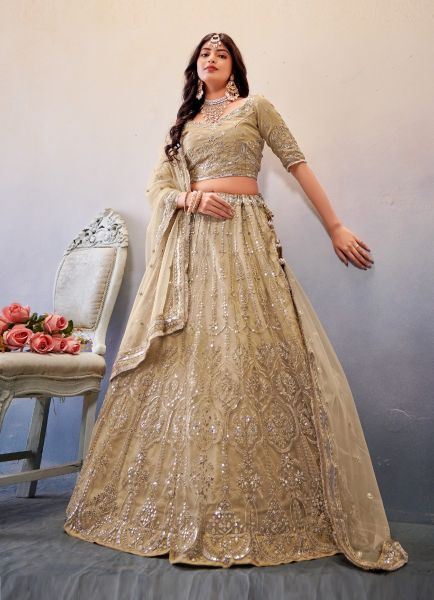 Beige Net Embroidery & Gotta-Patti Work Party-Wear Lehenga Choli [With Can-Can]