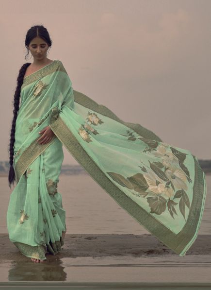 Mint Green Linen-Cotton Woven Silk Saree For Traditional / Religious Occasions