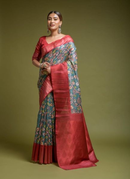 Sage Blue & Red Silk Kalamkari Saree