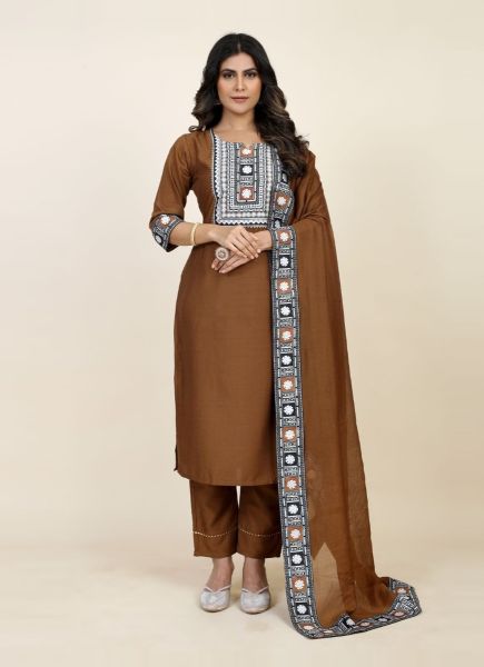 Brown Chinon Woven Silk Pant-Bottom Readymade Salwar Kameez For Traditional / Religious Occasions