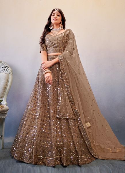 Brown Net Embroidery & Gotta-Patti Work Party-Wear Lehenga Choli [With Can-Can]