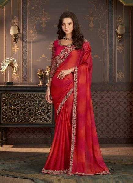 Crimson Red Chiffon Embroidered Party-Wear Boutique-Style Saree