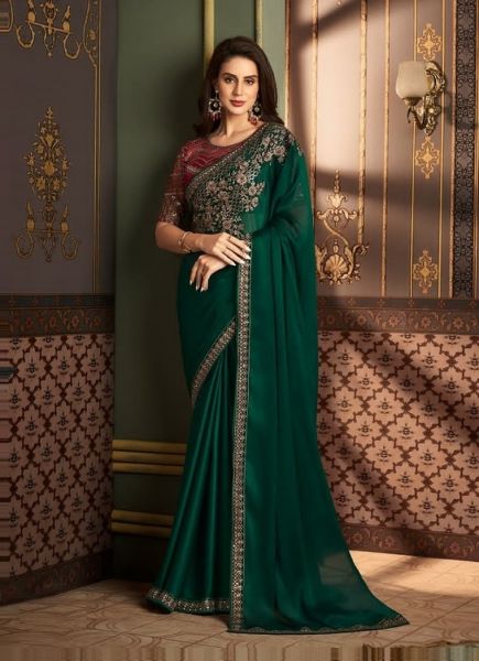 Green Silk Embroidered Party-Wear Boutique-Style Saree