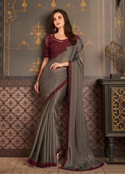 Warm Gray Silk Embroidered Party-Wear Boutique-Style Saree