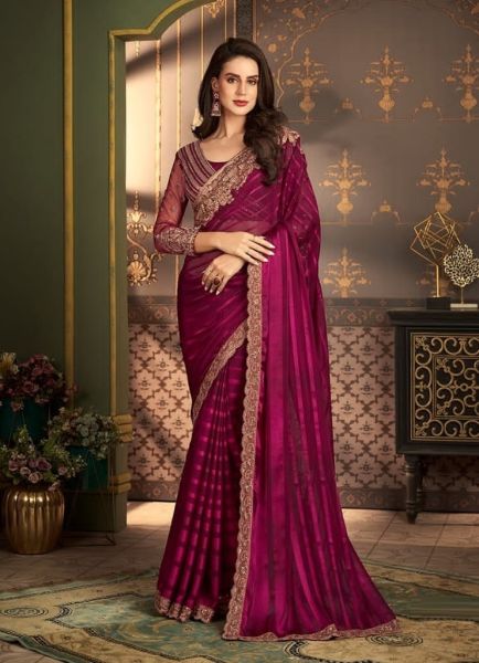 Purplish Red Silk Embroidered Party-Wear Boutique-Style Saree