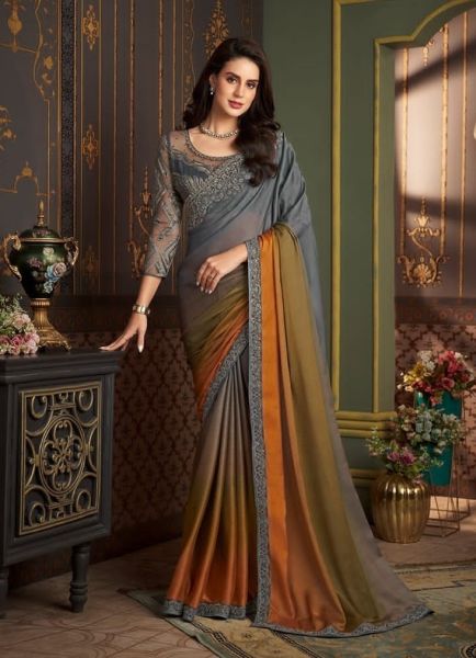 Gray & Orange Chiffon Embroidered Party-Wear Boutique-Style Saree