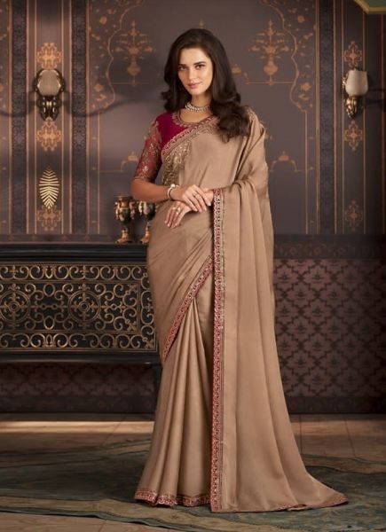Burlywood Silk Embroidered Party-Wear Boutique-Style Saree