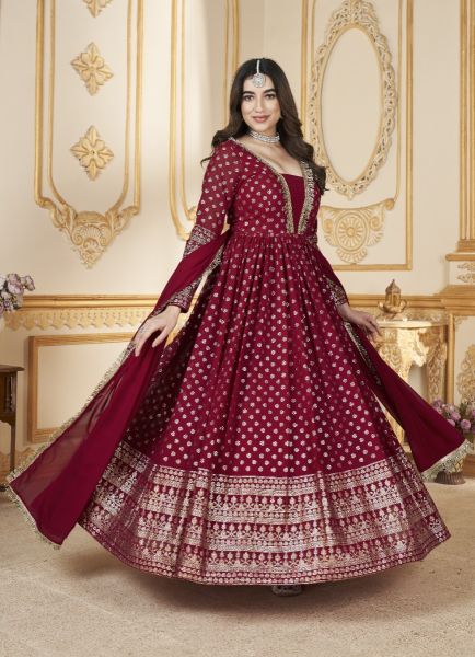 Red Georgette Foil-Printed Party-Wear Readymade Gown With Dupatta