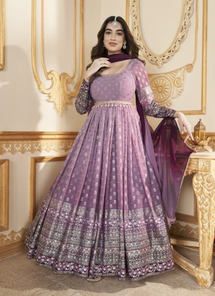 Pink Georgette Foil-Printed Party-Wear Readymade Gown With Dupatta [With Belt]