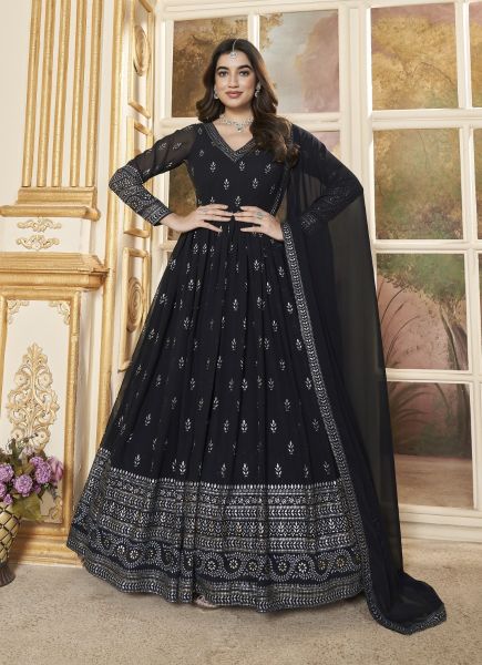 Dark Navy Blue Georgette Foil-Printed Party-Wear Readymade Gown With Dupatta