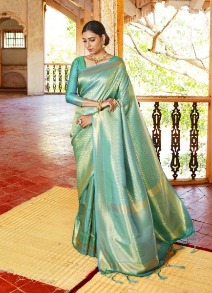 Mint Green Pure Woven Silk Handloom Saree For Traditional / Religious Occasions