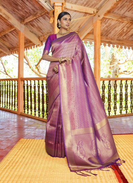 Purple Pure Woven Silk Handloom Saree For Traditional / Religious Occasions