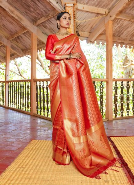 Coral Red Pure Woven Silk Handloom Saree For Traditional / Religious Occasions