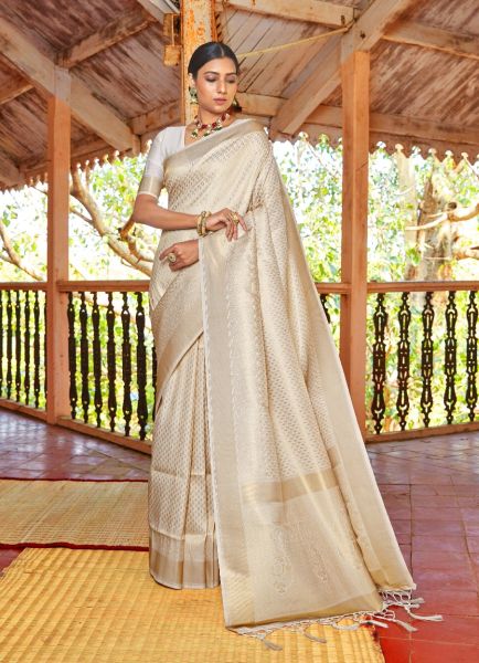 White Pure Woven Silk Handloom Saree For Traditional / Religious Occasions