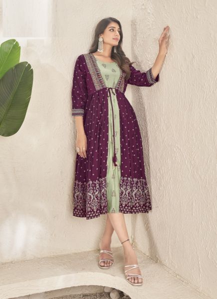 Light Green & Purple Rayon Foil-Printed Resort-Wear Readymade Anarkali Kurti