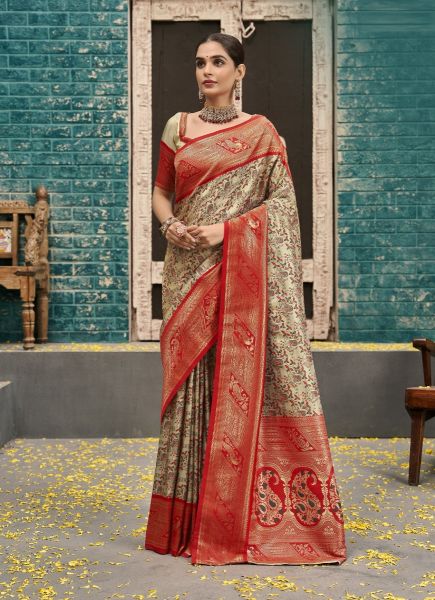 Beige & Red Woven Kanjivaram Silk Saree For Traditional / Religious Occasions