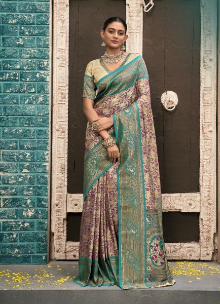 Beige & Teal Blue Woven Kanjivaram Silk Saree For Traditional / Religious Occasions