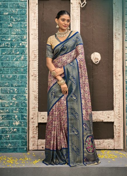 Beige & Blue Woven Kanjivaram Silk Saree For Traditional / Religious Occasions