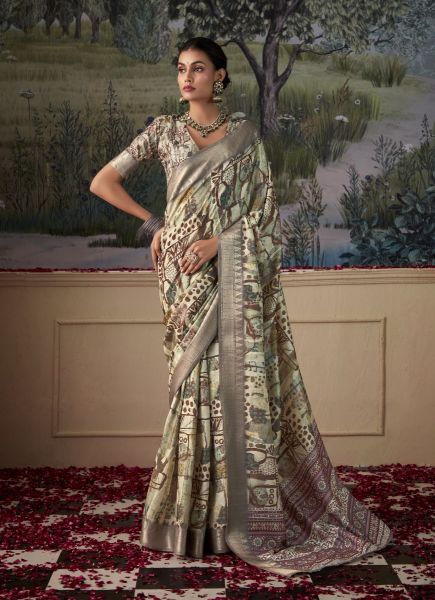 Multicolor Handloom Silk Digitally Printed Festive-Wear Saree