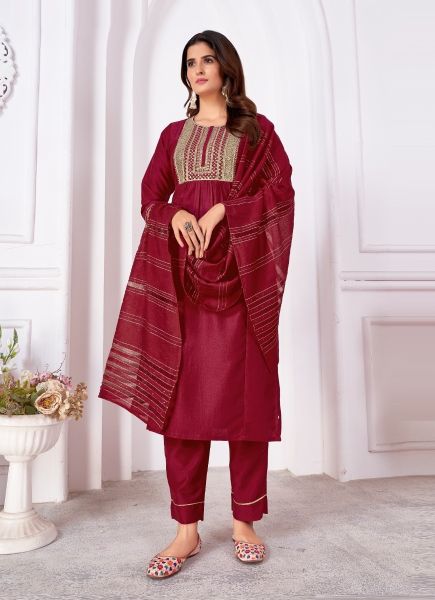 Wine Red Silk Embroidered Pant-Bottom Readymade Salwar Kameez For Traditional / Religious Occasions