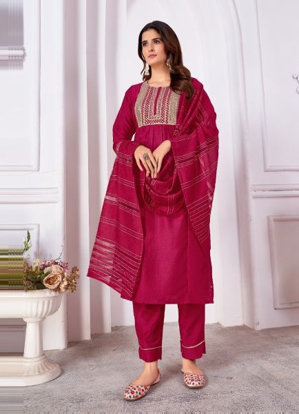 Dark Magenta Silk Embroidered Pant-Bottom Readymade Salwar Kameez For Traditional / Religious Occasions