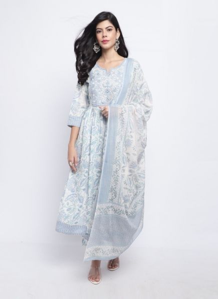 White & Light Blue Pure Cotton Printed Summer-Wear Readymade Pant-Bottom Salwar Kameez