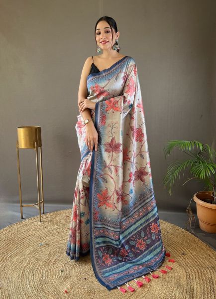 Beige Silk Floral Digitally Printed Festive-Wear Saree