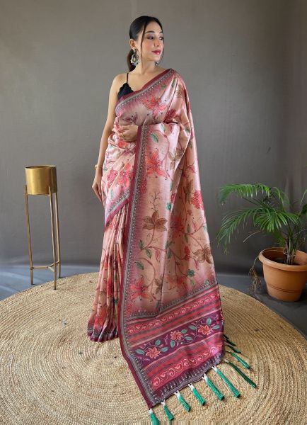 Pink Silk Floral Digitally Printed Festive-Wear Saree