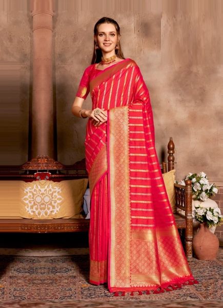 Coral Red Woven Soft Silk Saree For Traditional / Religious Occasions