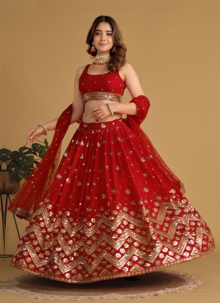 Red Georgette Sequins-Work Party-Wear Stylish Lehenga Choli