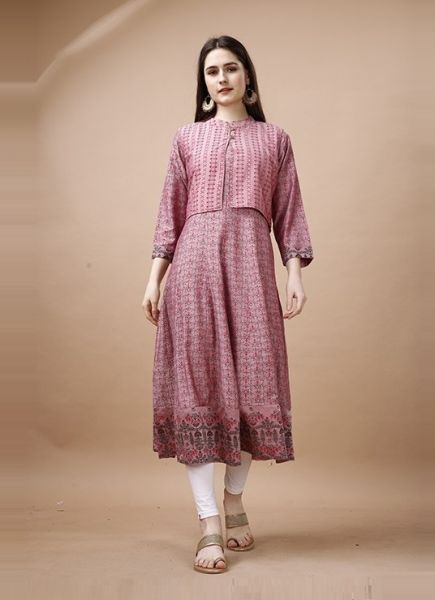 Pink Rayon Foil-Printed Resort-Wear Readymade Anarkali Kurti