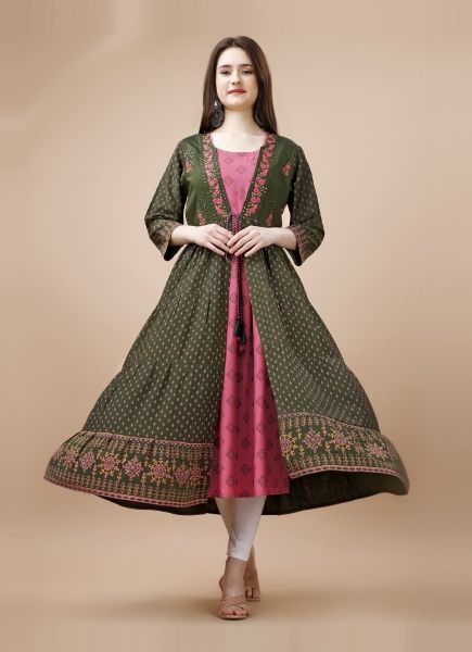 Dark Pink & Green Rayon Foil-Printed Resort-Wear Readymade Anarkali Kurti