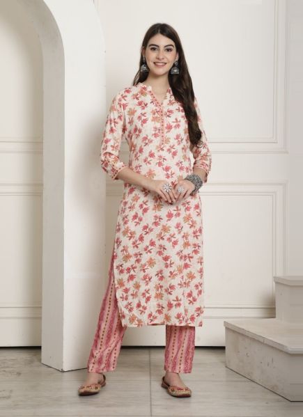 White Rayon Cotton Printed Office-Wear Readymade Kurti With Pant