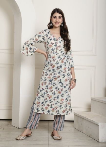 White Rayon Cotton Printed Office-Wear Readymade Kurti With Pant