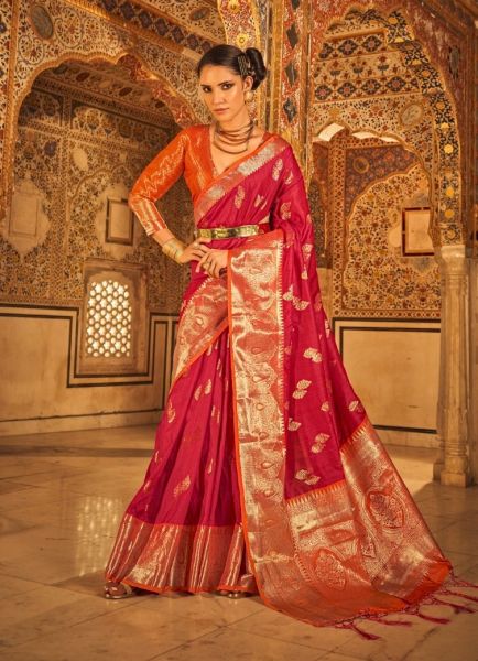 Red Tusser Silk Weaving Festive-Wear Saree