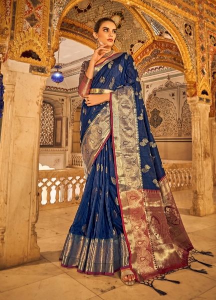 Blue Tusser Silk Weaving Festive-Wear Saree