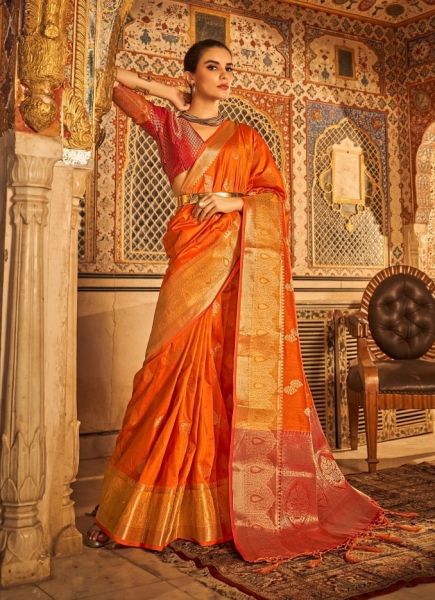 Orange Tusser Silk Weaving Festive-Wear Saree