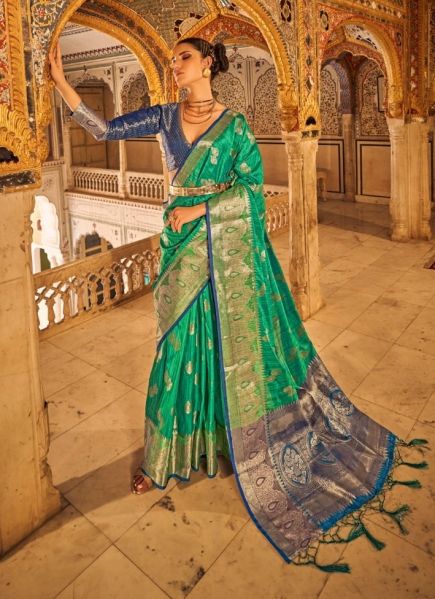 Sea Green Tusser Silk Weaving Festive-Wear Saree