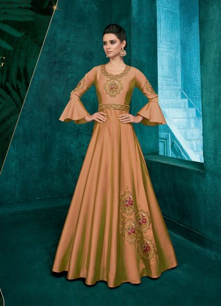 Peach Silk Embroidered Party-Wear Readymade Floor-Length Gown