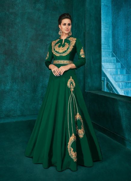 Green Silk Embroidered Party-Wear Readymade Floor-Length Gown